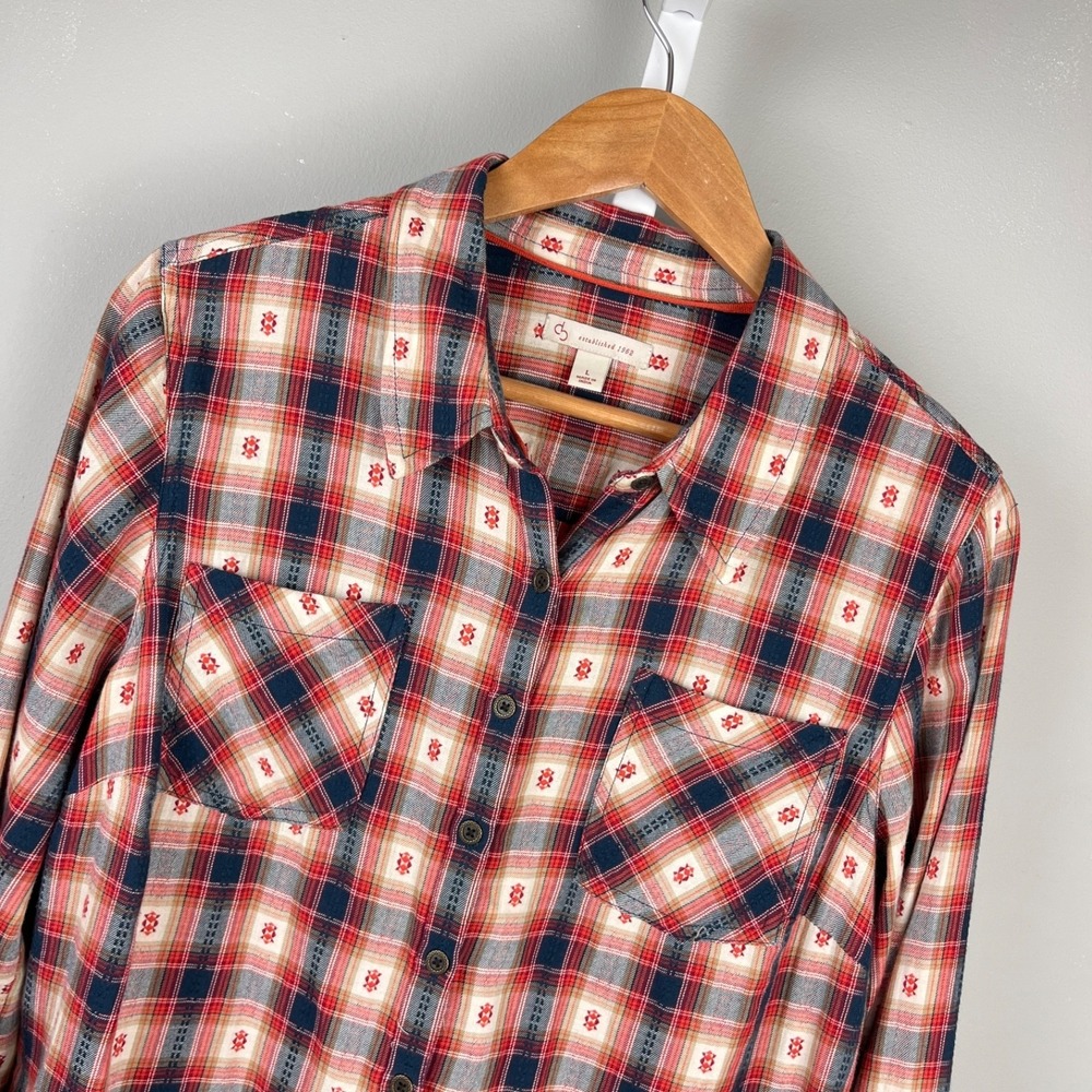 Dressbarn Western Plaid Shirt Top Womens L Red Blue Button Up Long Sleeve - Picture 1 of 6